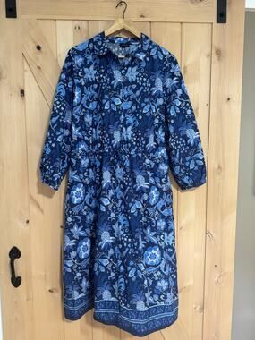 Talbots | NWOT Blue Cotton Whimsical Floral Tie Waist Midi Shirtdress | Size 16